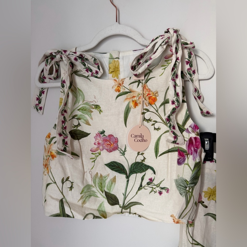 Viral Camila Coelho Cream linen blend Floral Top & maxi Skirt two piece Set - Picture 2 of 6